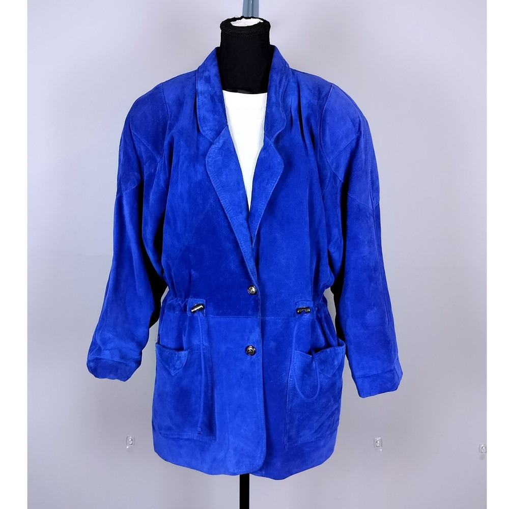 Vintage Long Suede Leather Drawstring Jacket Blue 80s‎ Paisley Lined R&E